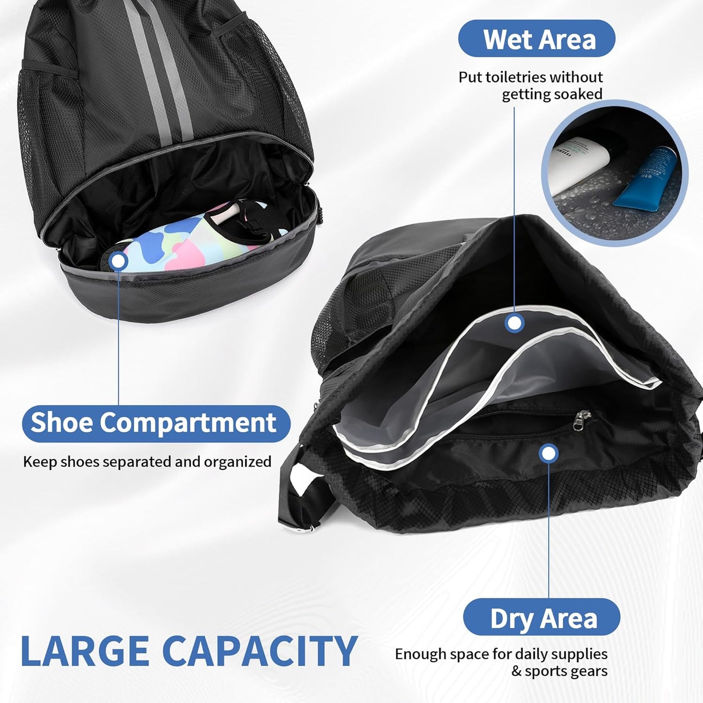 Sports Drawstring Gym Bag with Shoe Compartment & Wet-Proof Pocket | Waterproof, Lightweight, Multipurpose Backpack for Men & Women