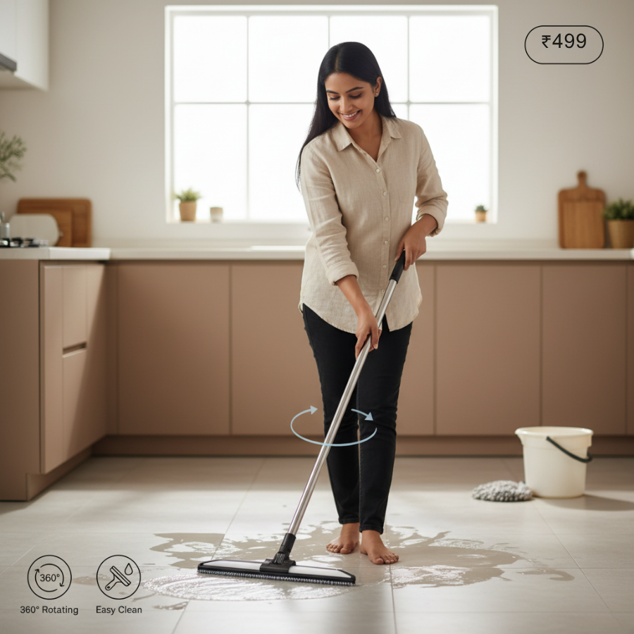 Magic Silicone Floor Wiper with 180° Rotating Head | Adjustable Long Handle Floor Cleaning Broom | Stainless Steel Bathroom & Tile Wiper for Home Cleaning