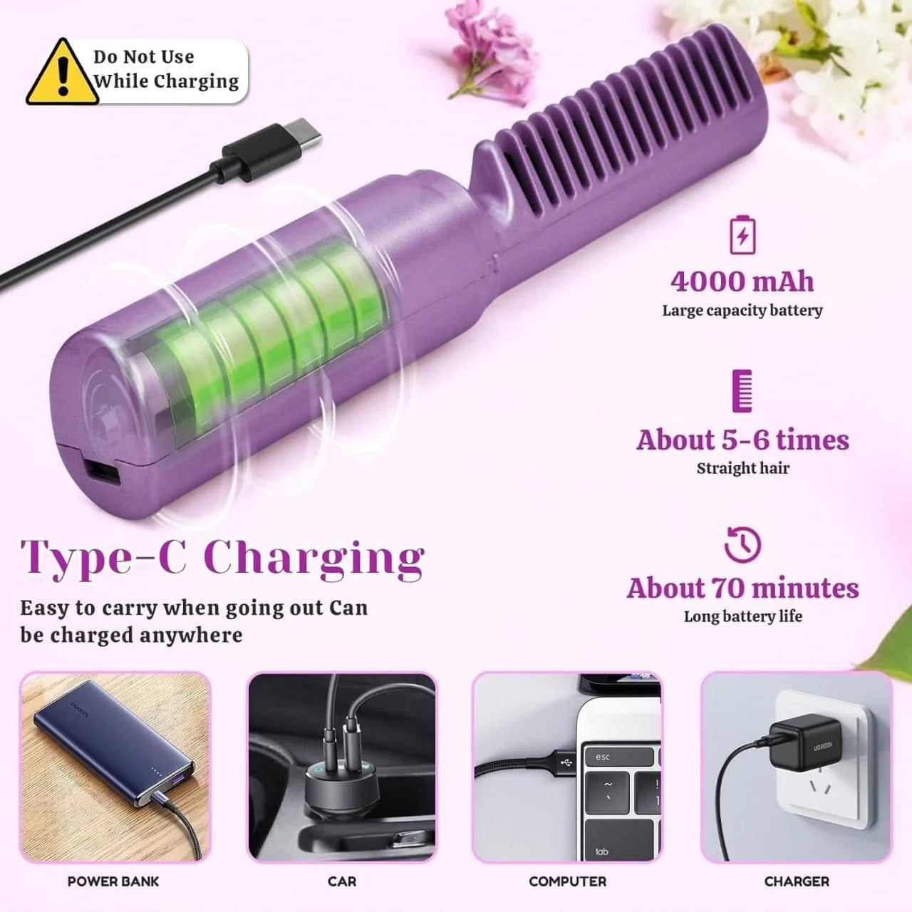 Rechargeable Mini Hair Straightener Comb – Portable Hot Ceramic Brush