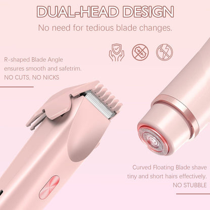 Trimmer for Women | 2-in-1 Dual-Head Electric Razor | Waterproof, Rechargeable, Low-Noise Shaver for Bikini Line, Face & Body (Pink)