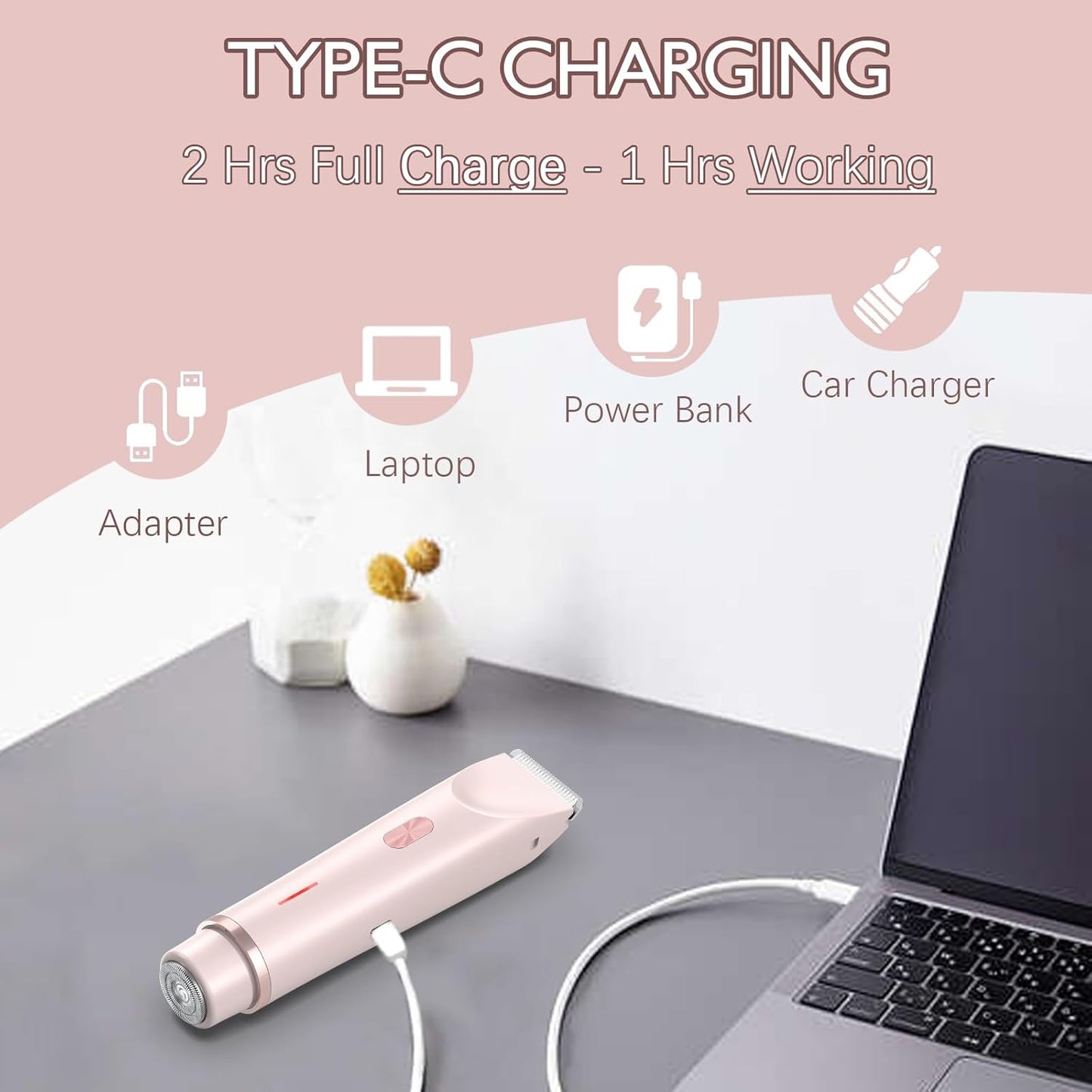 Trimmer for Women | 2-in-1 Dual-Head Electric Razor | Waterproof, Rechargeable, Low-Noise Shaver for Bikini Line, Face & Body (Pink)