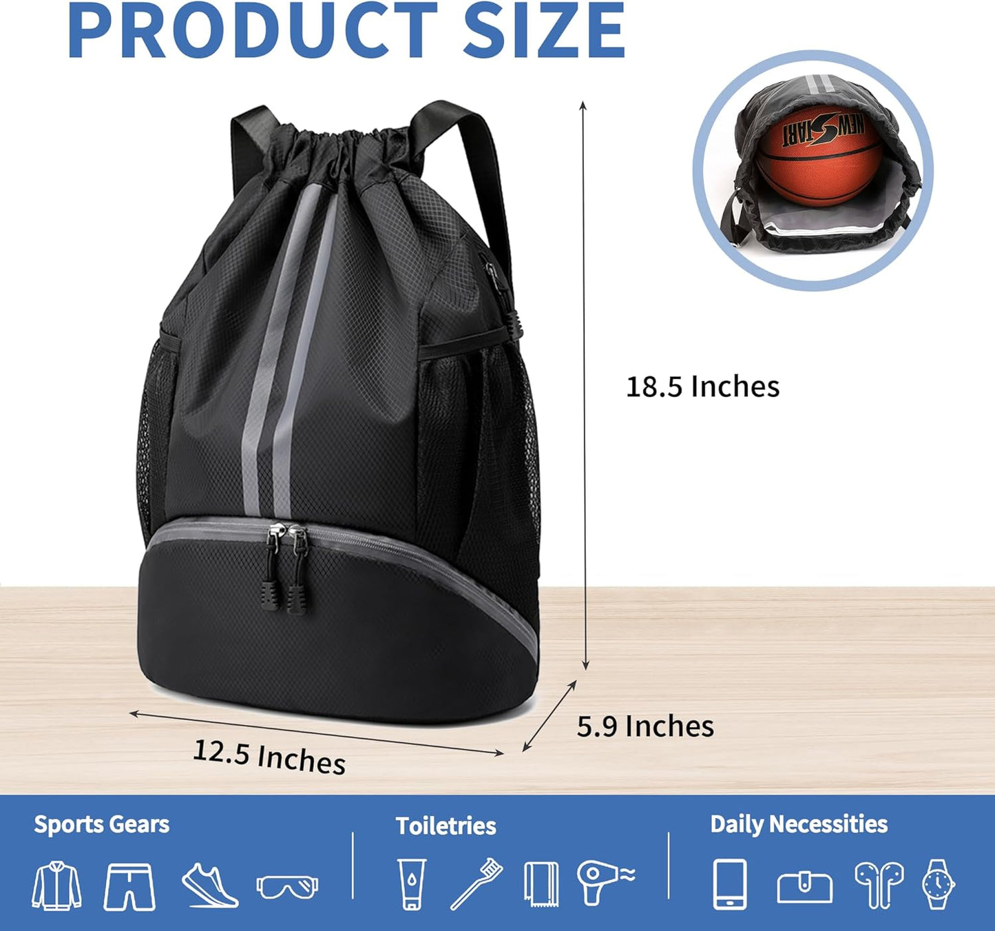 Sports Drawstring Gym Bag with Shoe Compartment & Wet-Proof Pocket | Waterproof, Lightweight, Multipurpose Backpack for Men & Women