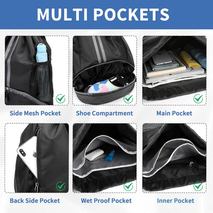 Sports Drawstring Gym Bag with Shoe Compartment & Wet-Proof Pocket | Waterproof, Lightweight, Multipurpose Backpack for Men & Women