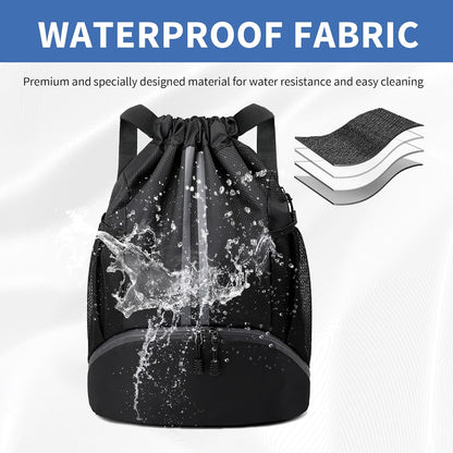 Sports Drawstring Gym Bag with Shoe Compartment & Wet-Proof Pocket | Waterproof, Lightweight, Multipurpose Backpack for Men & Women