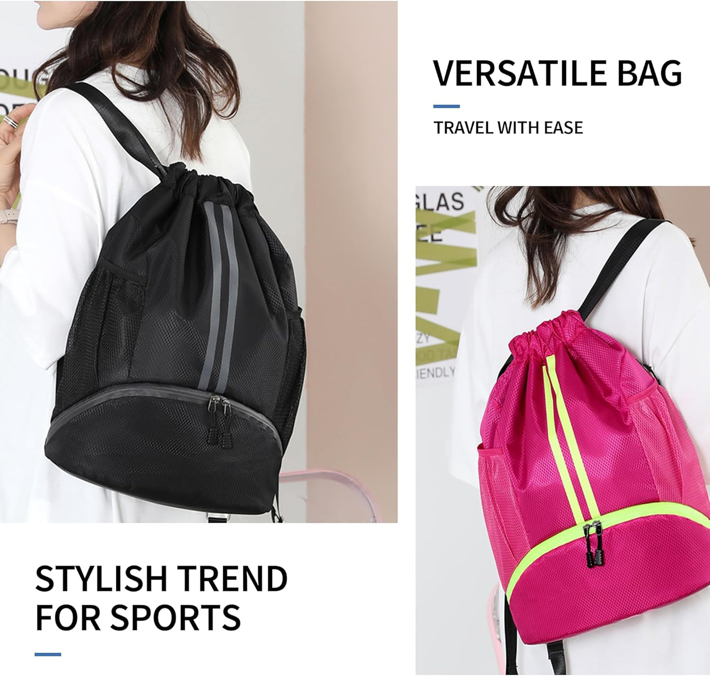 Sports Drawstring Gym Bag with Shoe Compartment & Wet-Proof Pocket | Waterproof, Lightweight, Multipurpose Backpack for Men & Women