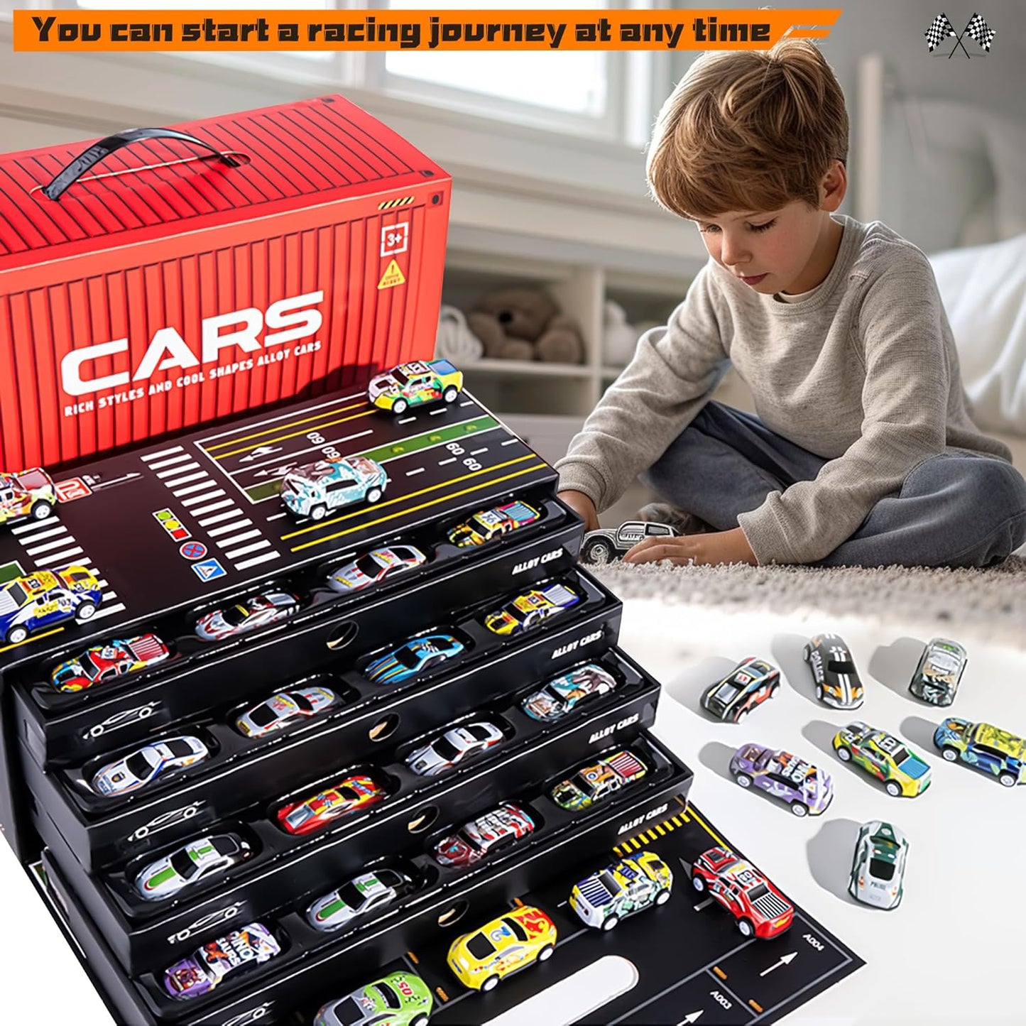 48-Piece Pull-Back Alloy Racing Car Toy Set with Storage Box | Mini Metal Friction-Powered Vehicles for Kids