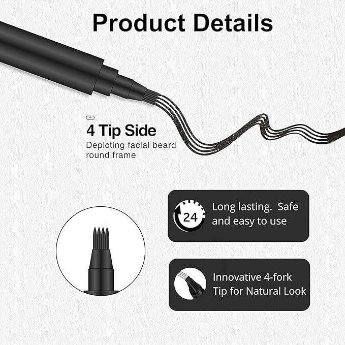 Beard Pencil Filler with Brush – Waterproof, Sweatproof Long-Lasting Beard, Moustache & Eyebrow Filler Pen for Men (Black)