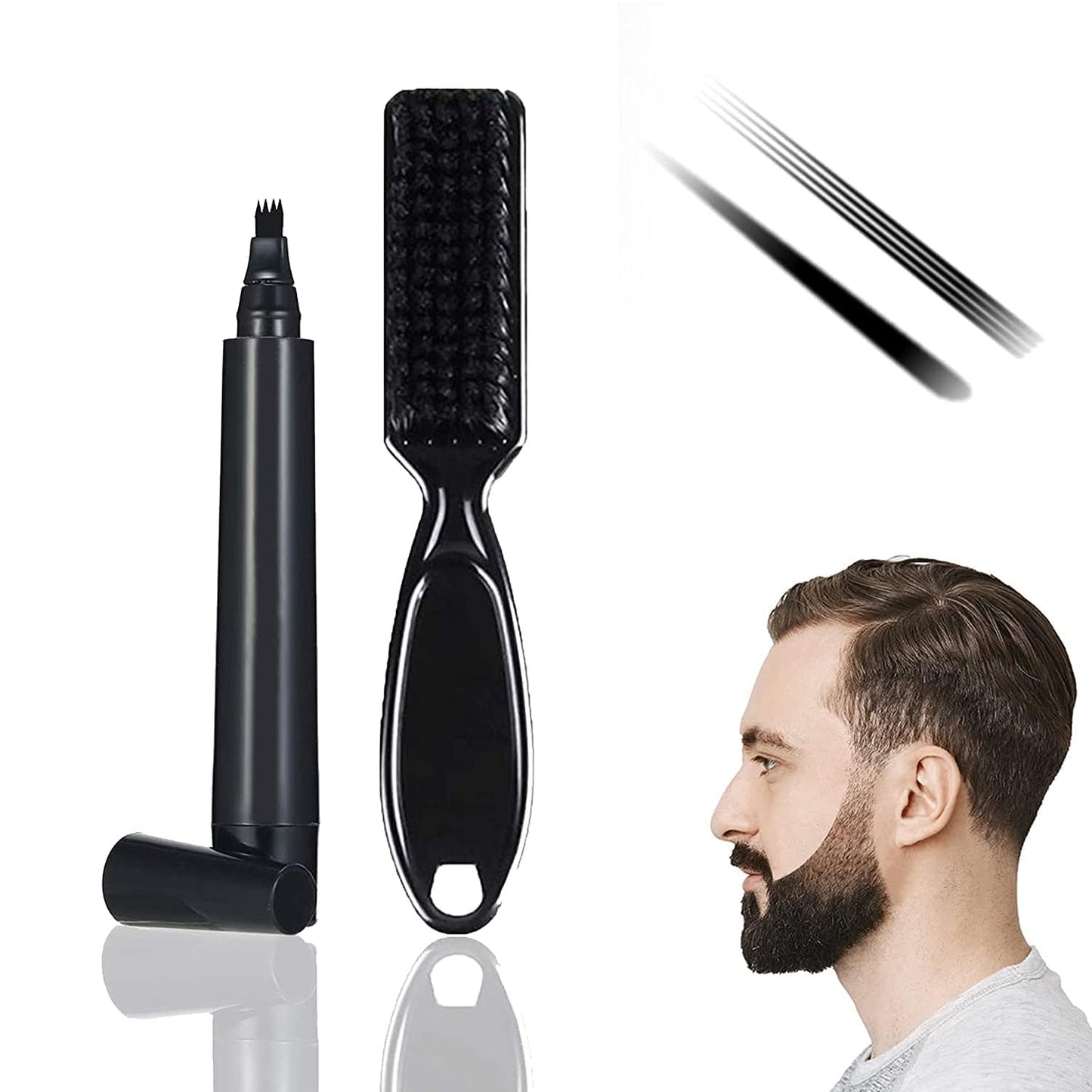 Beard Pencil Filler with Brush – Waterproof, Sweatproof Long-Lasting Beard, Moustache & Eyebrow Filler Pen for Men (Black)