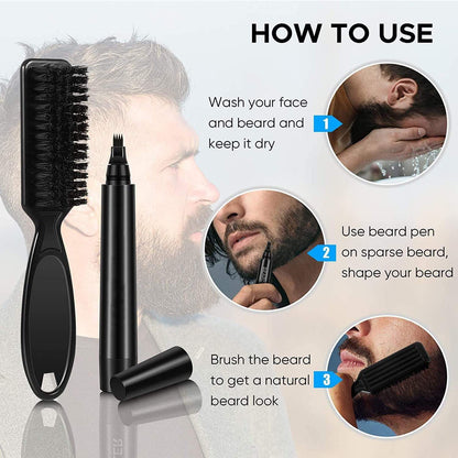 Beard Pencil Filler with Brush – Waterproof, Sweatproof Long-Lasting Beard, Moustache & Eyebrow Filler Pen for Men (Black)